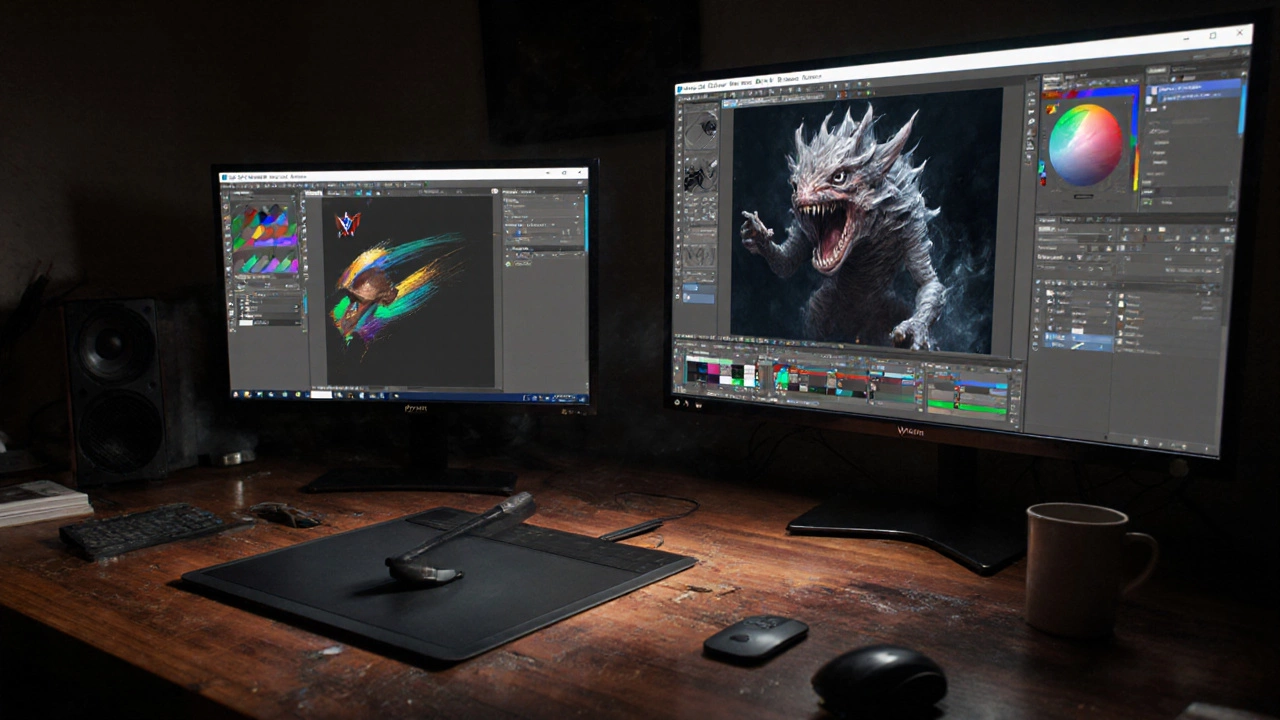 Digital artist painting a fantasy creature in Photoshop on a large monitor