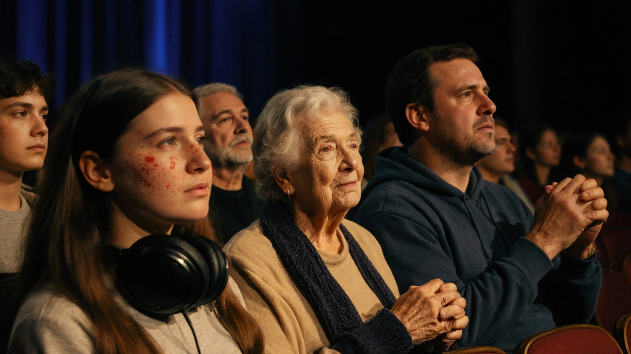 Diverse audience members quietly captivated by a Broadway performance, illuminated by stage light.