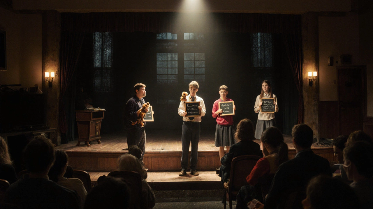 Five quirky teens spell on chalkboards in a simple school auditorium, one holding a stuffed squirrel.