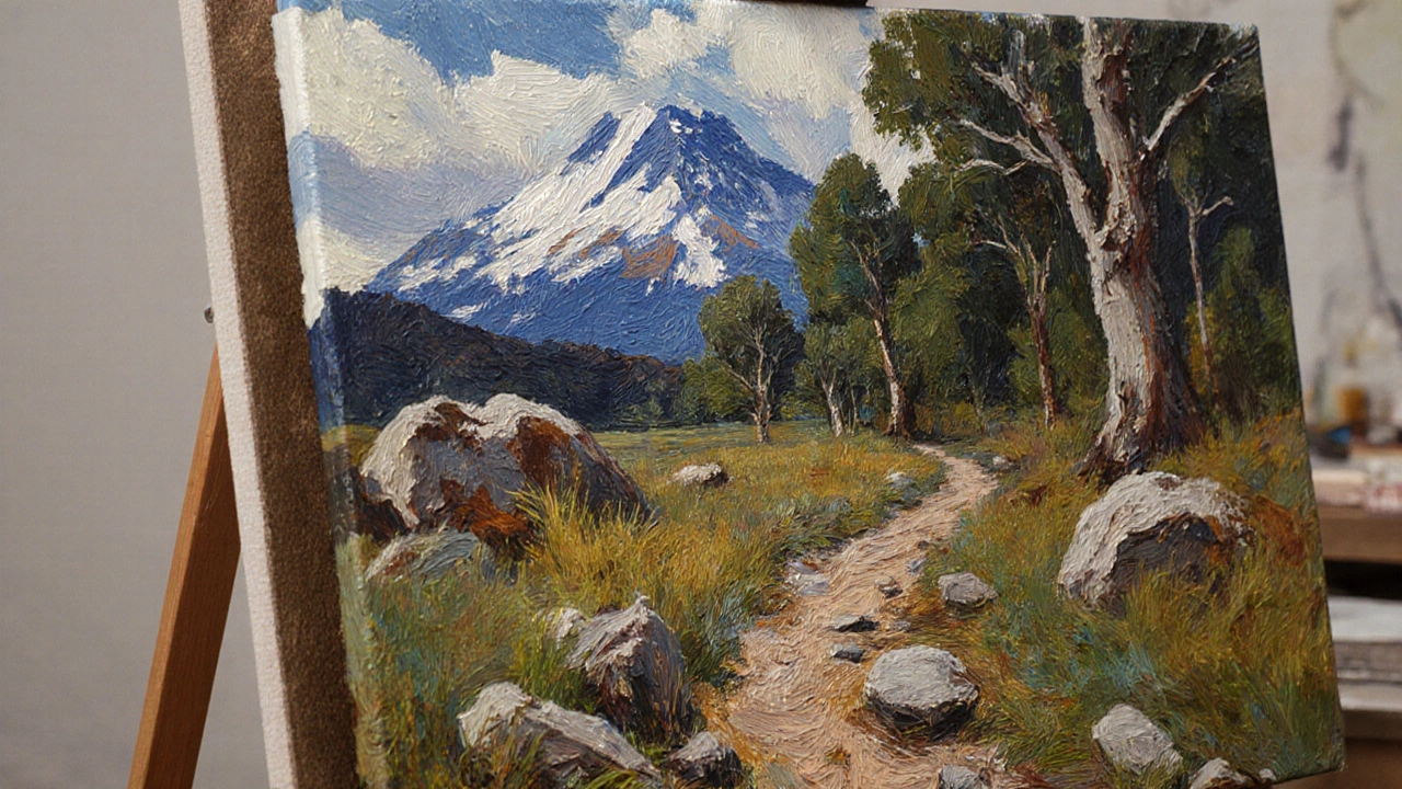 Impressionist landscape painting on easel with winding trail, textured foreground, and dramatic sky using limited colors.