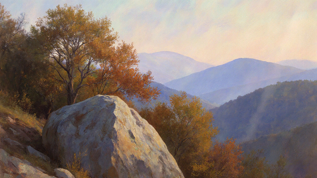 Layered forest scene with foreground rocks and trees, receding hills, and balanced warm-cool color harmony.