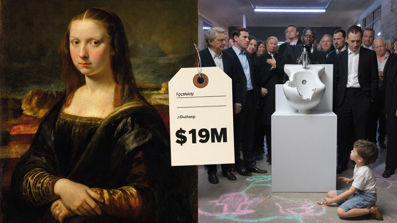 Renaissance portrait beside Duchamp&#039;s urinal with a floating million-dollar price tag.
