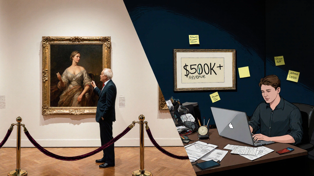 Split scene: luxury New York gallery vs. a tired gallery owner working late with financial papers.