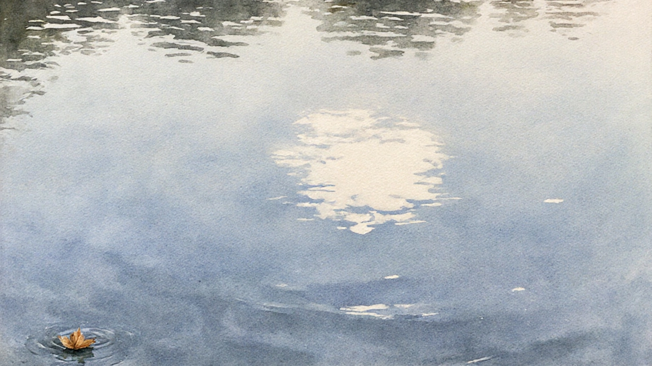 Still lake at dawn reflecting one cloud, bare canvas showing through water, minimal details evoking quiet solitude.