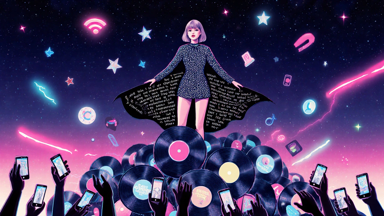 Taylor Swift atop a mountain of records and streaming icons, fans below holding phones that emit light.