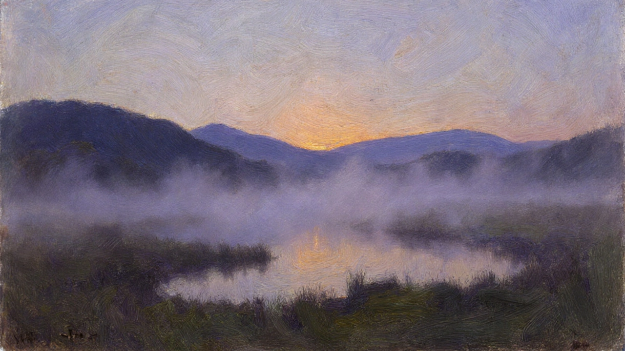 Twilight landscape with mist over a pond, fading hills, and a soft amber horizon under cool purple skies.