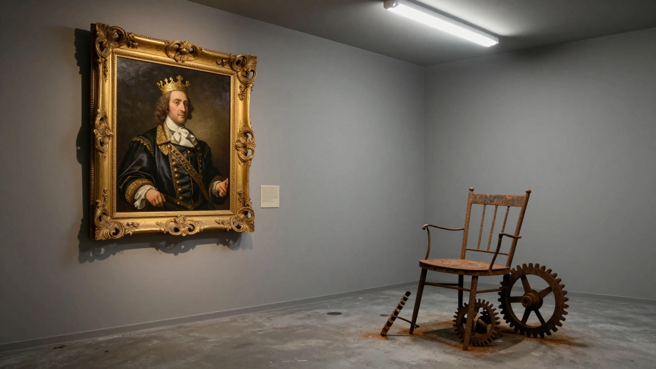 A classical royal portrait beside a modern sculpture of broken chairs and rusted metal.
