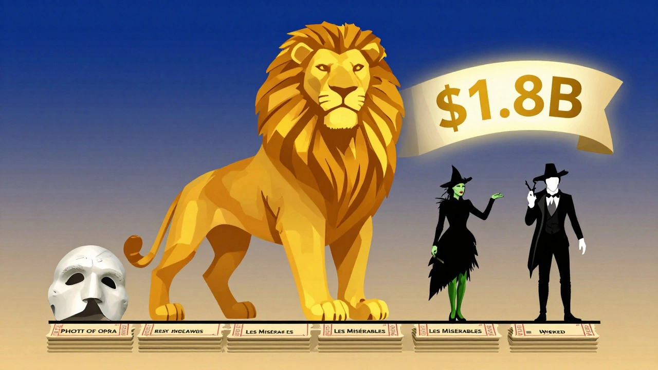 A giant golden lion statue overshadowing smaller musical icons on a mountain of ticket stubs.