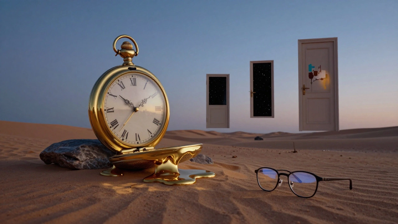 A melting clock drips over desert rocks while floating doors hover in a surreal twilight sky.