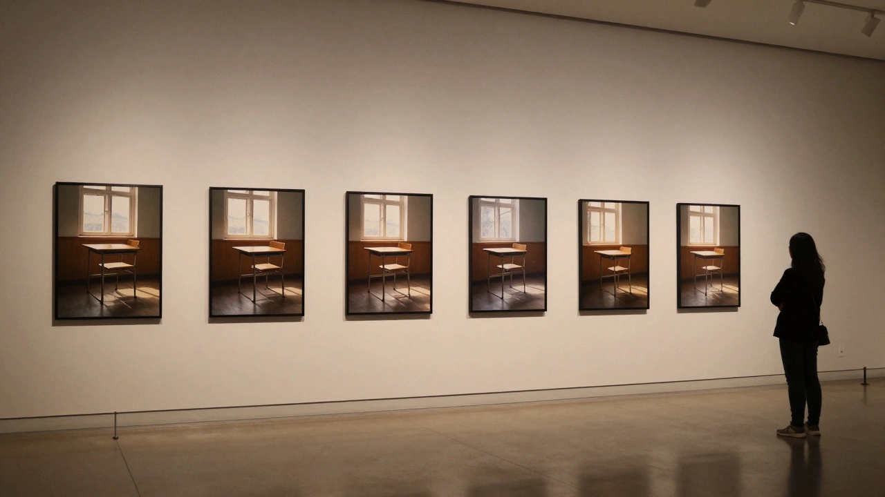 A museum gallery with a series of photographs of empty chairs in classrooms, softly lit by afternoon sun.
