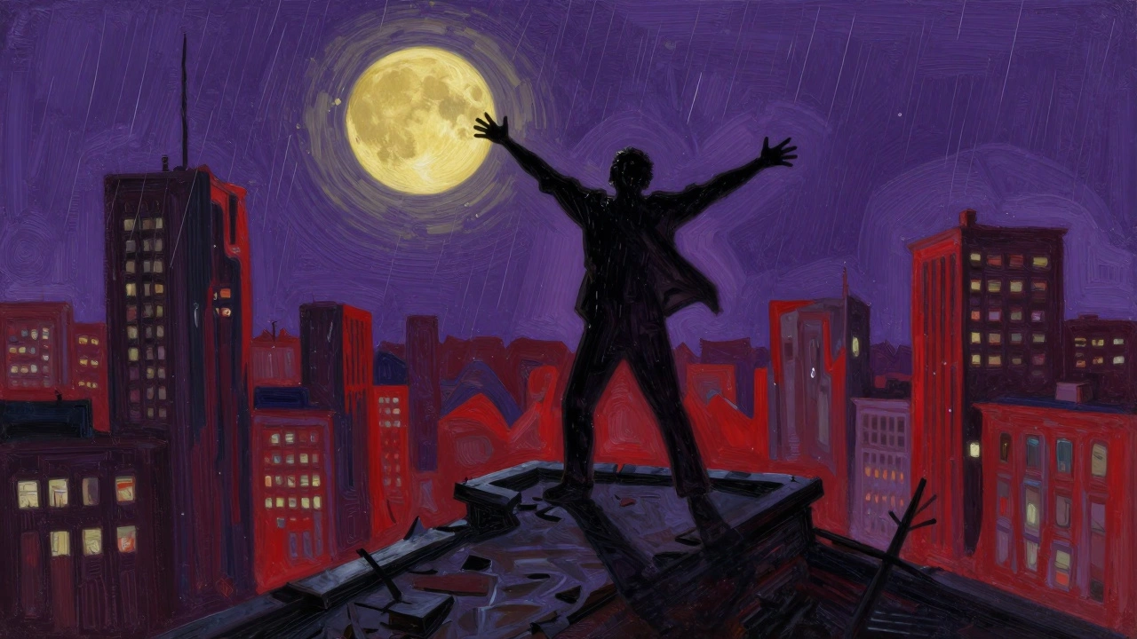 A solitary figure on a rooftop screams into a swirling, distorted cityscape at twilight.