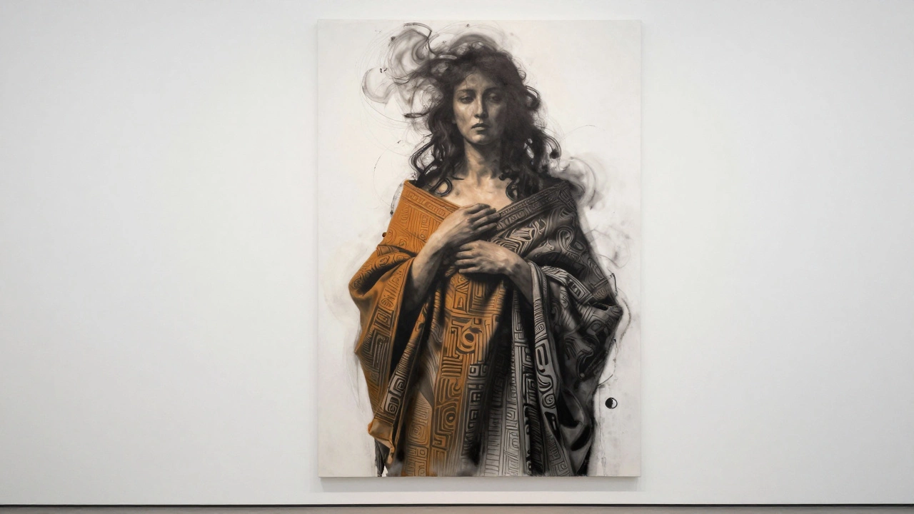 A woman in a detailed Māori cloak faces away, her head dissolving into abstract charcoal brushstrokes under warm light.