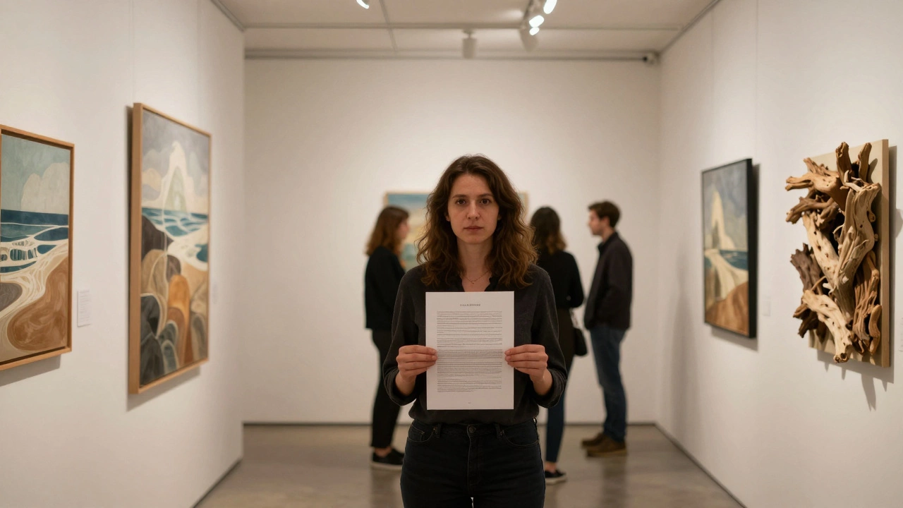 Artist in a small Wellington gallery surrounded by environmental artworks.