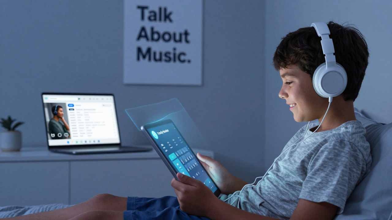 Child listening to music while parent monitors activity via family account dashboard on laptop.