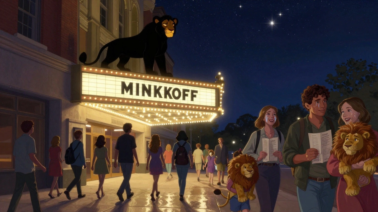 Families exiting the Minskoff Theatre at night, smiling with glowing marquee and stuffed lions in hand.