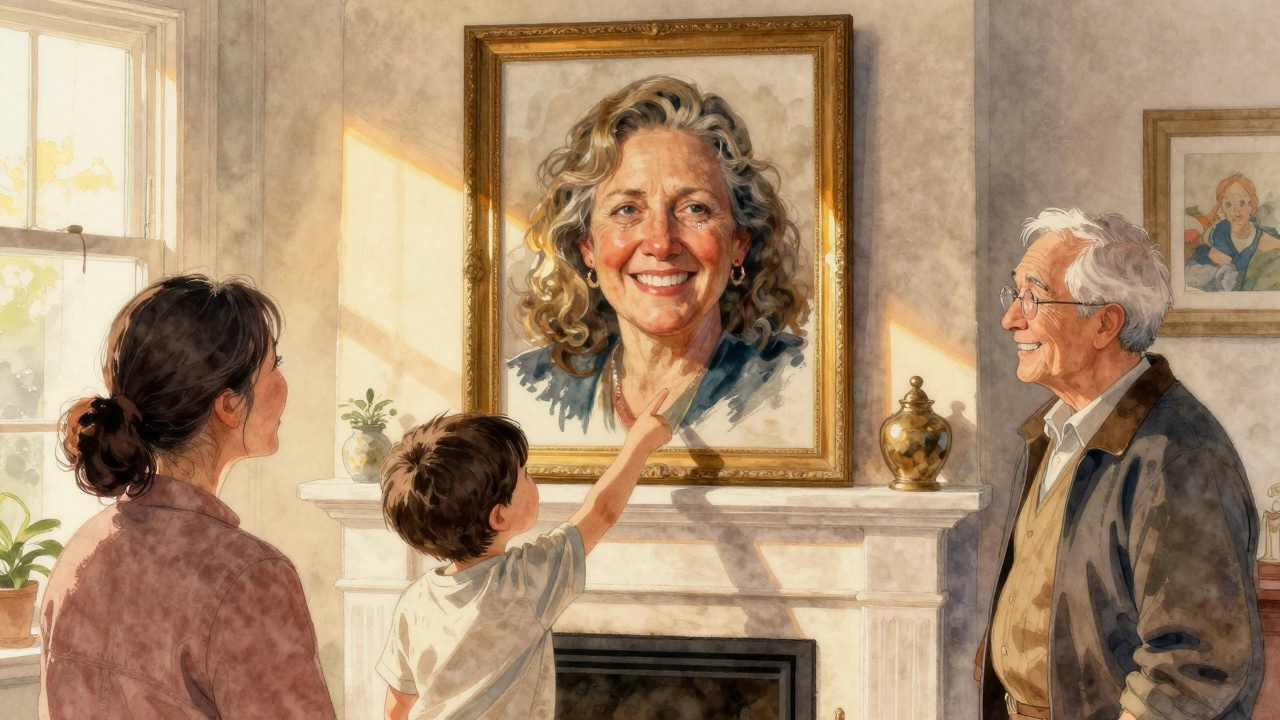 Family admiring a large portrait above a fireplace, golden light reflecting on the frame.