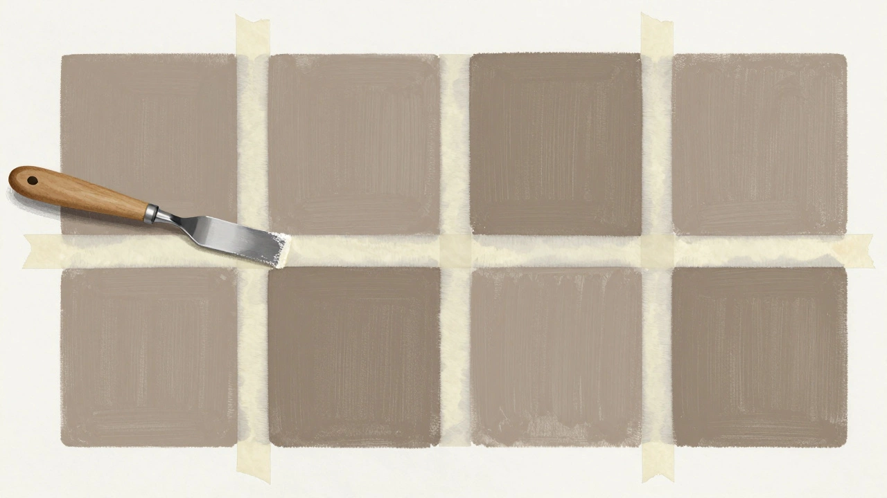 Grid of painted squares showing contrast between tape-edged and freehand oil paint lines.