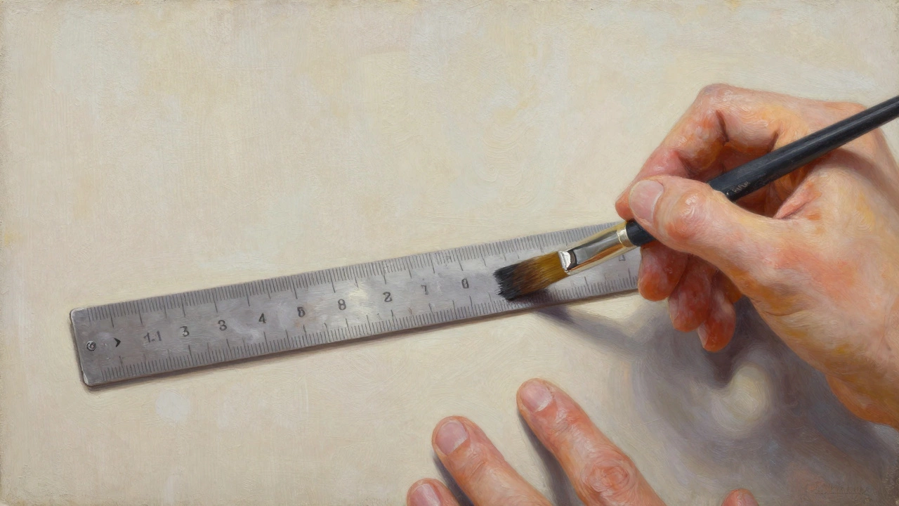 Hand painting a straight line with a ruler and dry brush, pinky resting on canvas for stability.