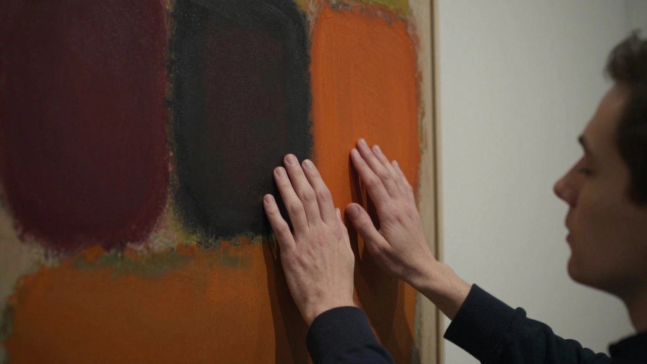 Hands touching a large color-field painting, eyes closed in quiet contemplation.