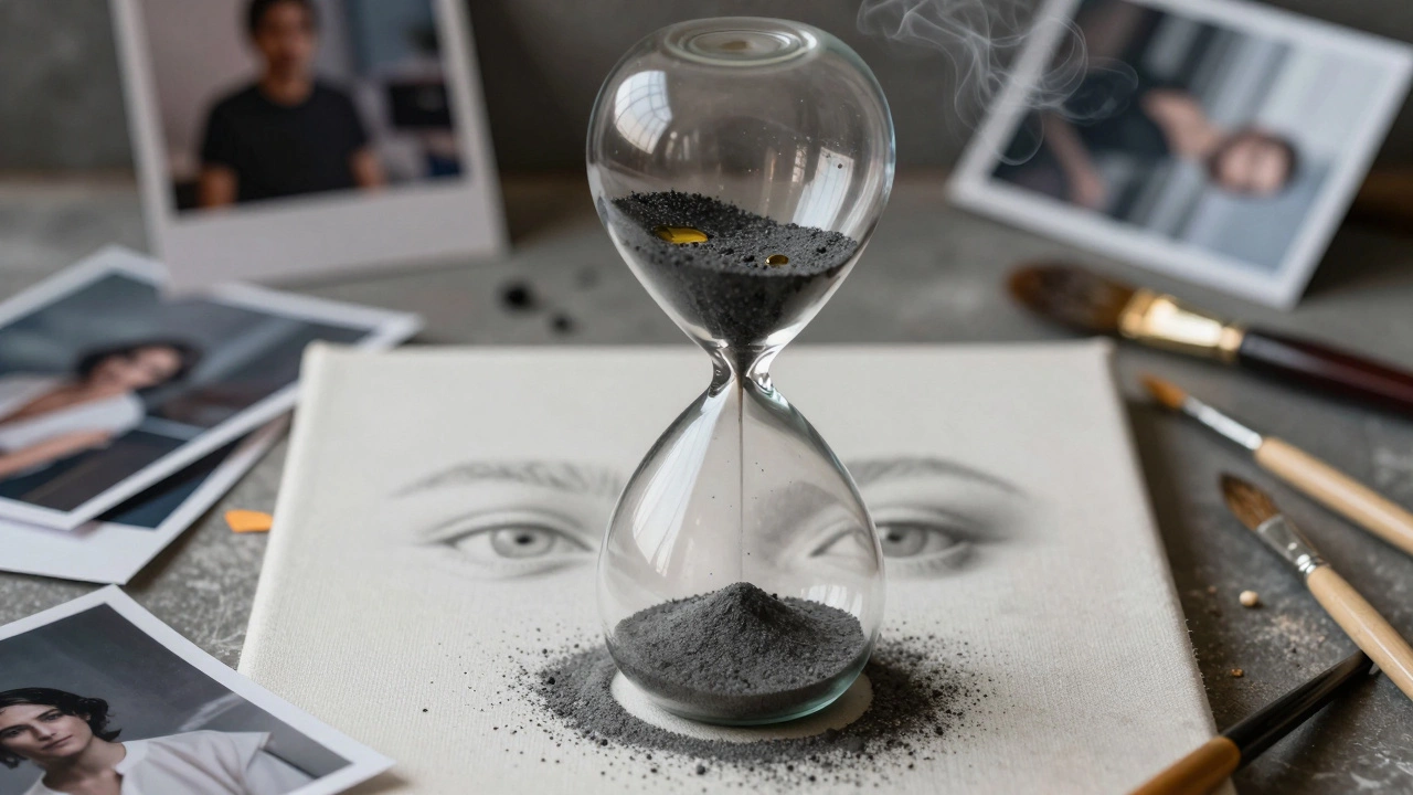 Hourglass filled with paint and graphite dust hovering above a portrait canvas.