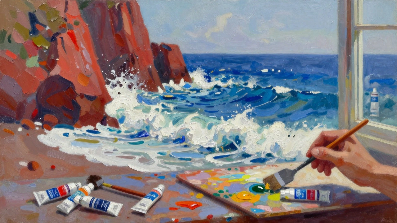 Landscape painted with bold impasto strokes of straight-from-tube oil paint, waves and cliffs in thick texture.