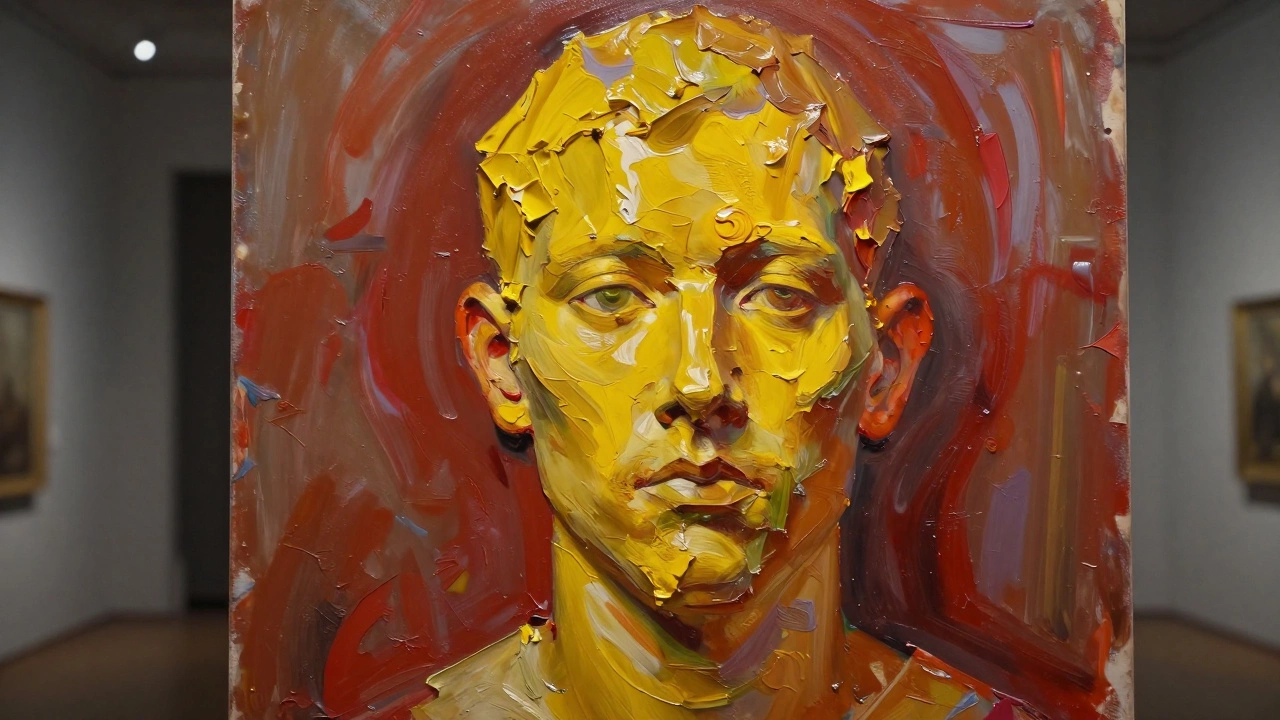 Portrait with heavy tube paint applied in sculptural layers, contrasting with translucent glazes behind.