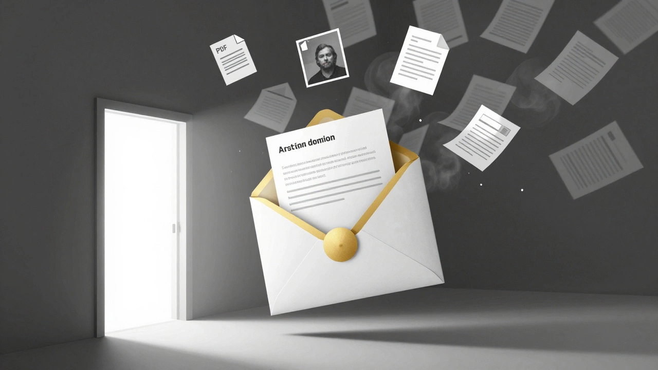 Single submission envelope floating toward a gallery door amid dissolving applications.