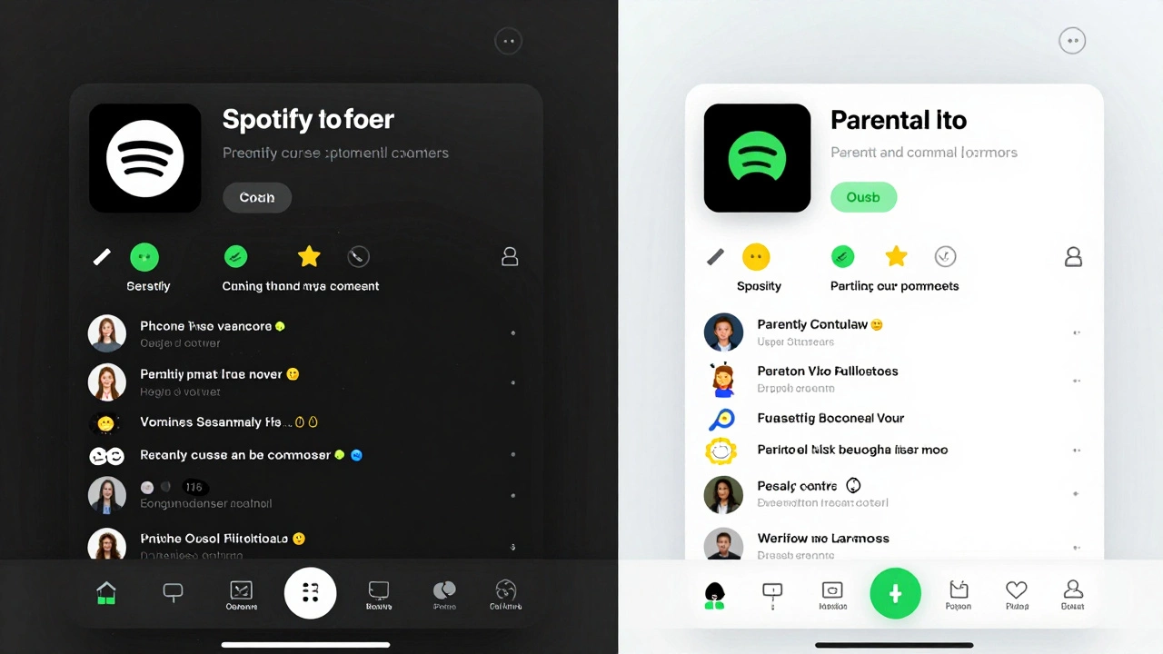 Split-screen showing unsafe vs. safe Spotify interfaces with parental controls activated.