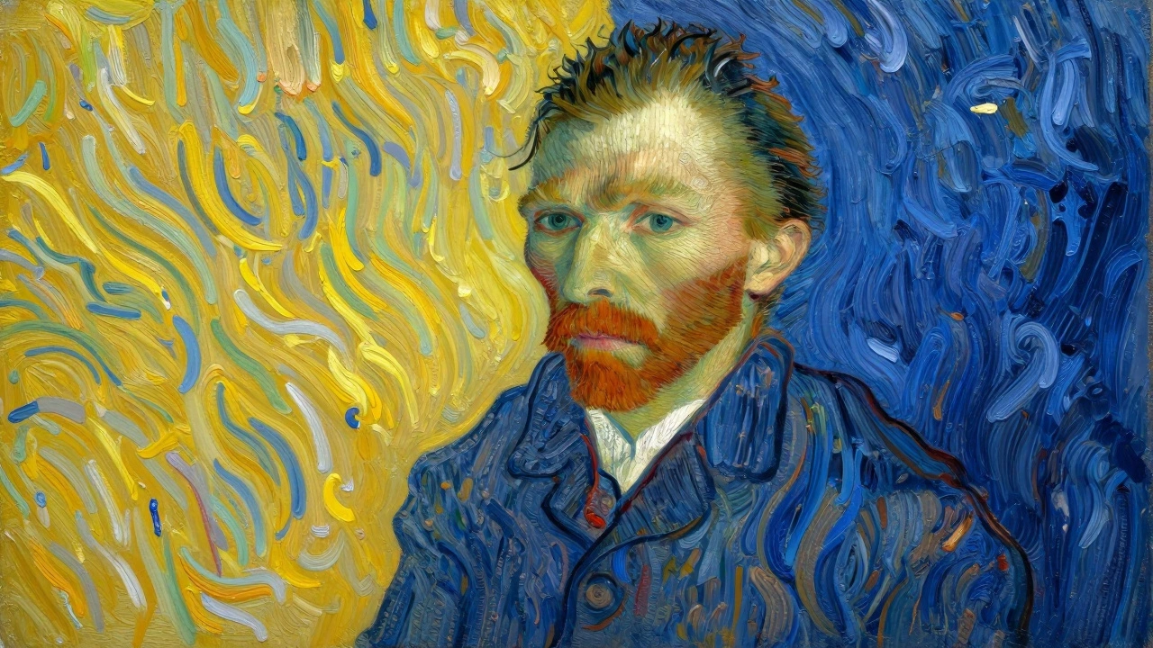 Split self-portrait with warm yellow on one side and cool blue on the other, symbolizing emotion.