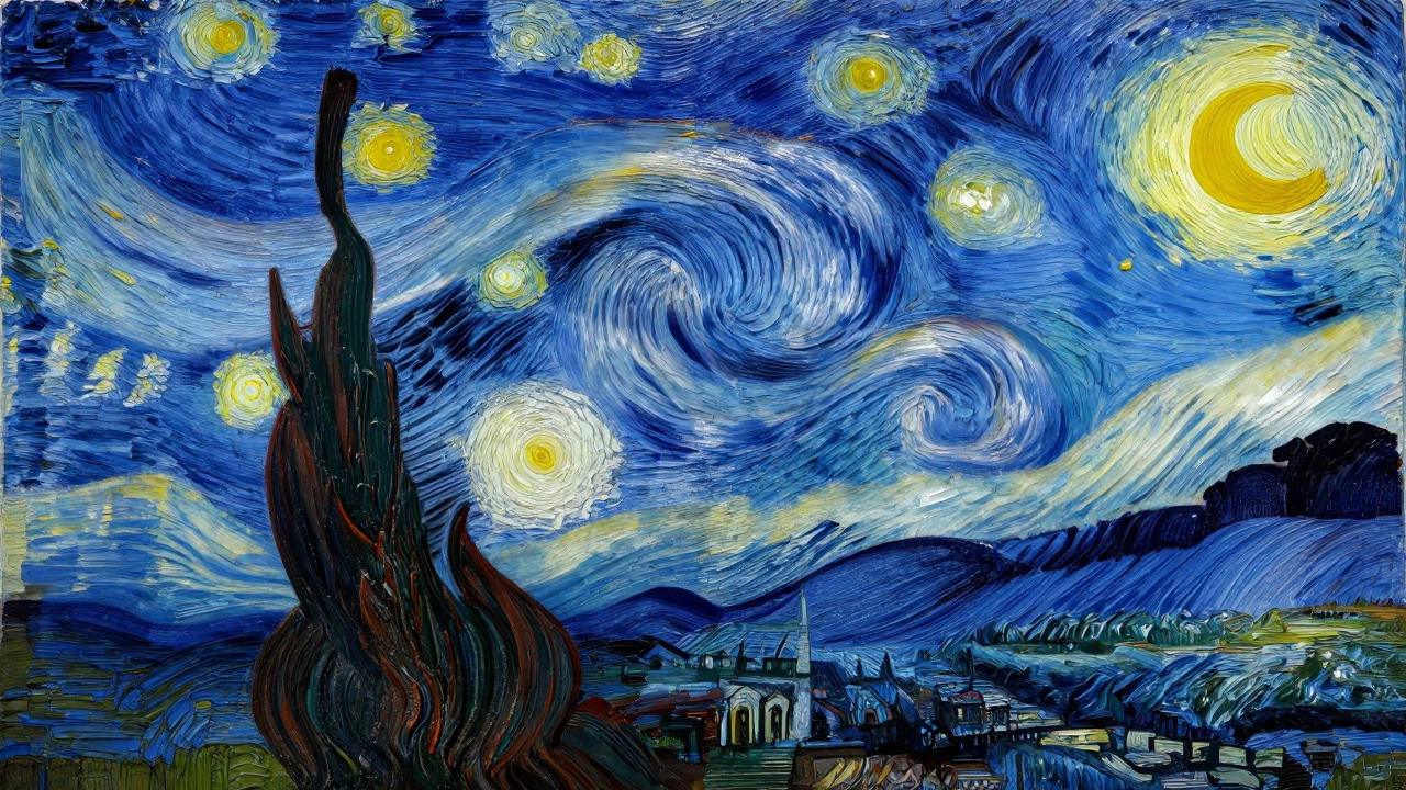 Swirling night sky with bright yellow stars over a quiet village, in the style of 'The Starry Night'.