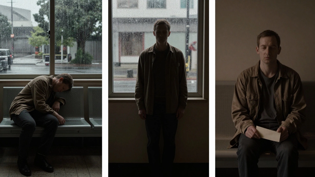 Three faceless figures in quiet, emotional moments: on a bench, by a window, holding a letter, rendered in soft shadows.