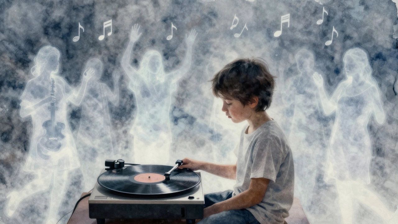 A child listens to a record as ghostly figures of musicians and mourners float around them in soft light.