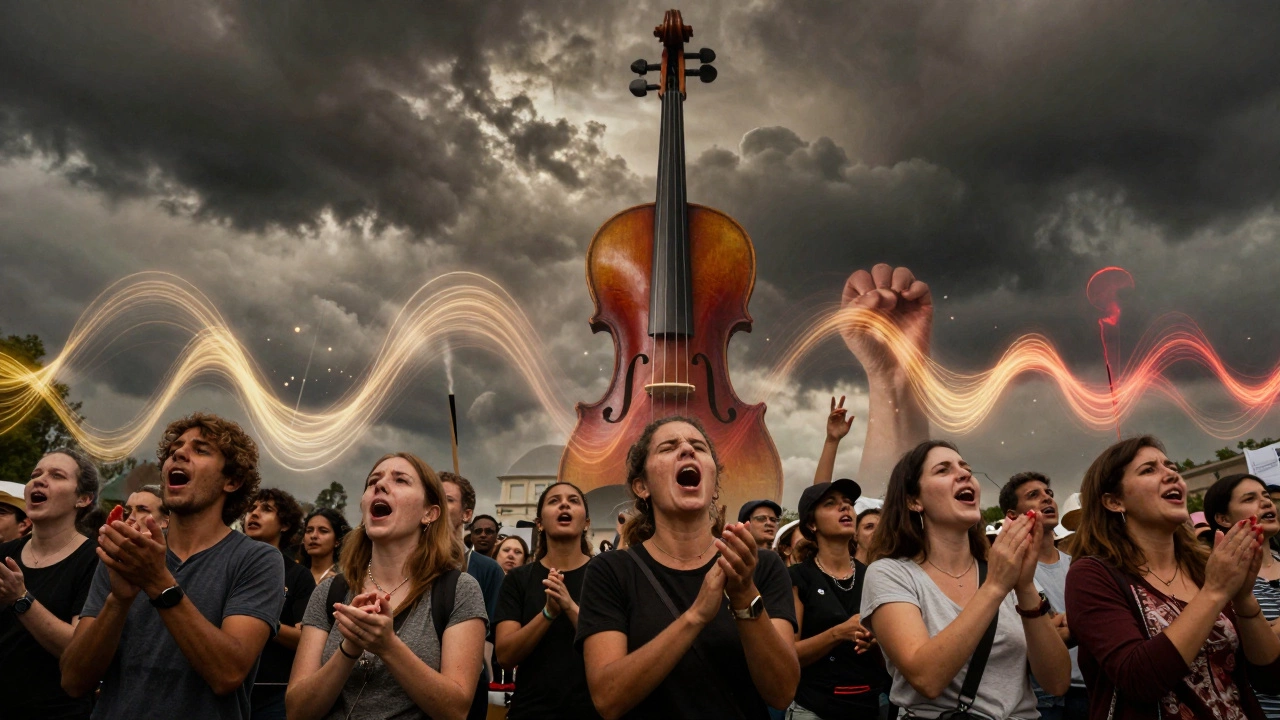 A diverse protest crowd sings together as luminous sound waves rise into a stormy sky.