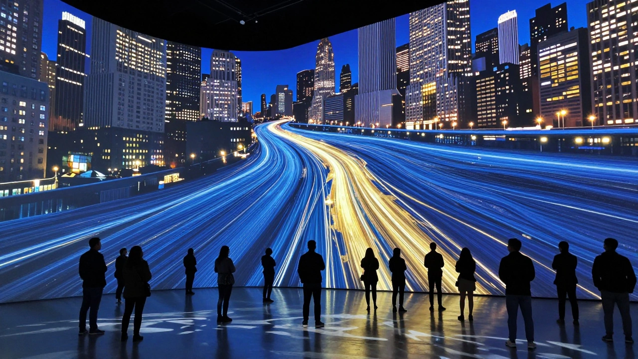 A large digital art projection of swirling light patterns on a museum wall, viewed by silent spectators.