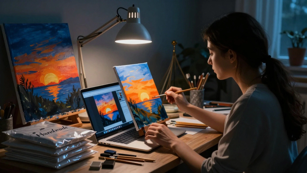 A painter copying a sunset image from a laptop while preparing to sell the copy online.