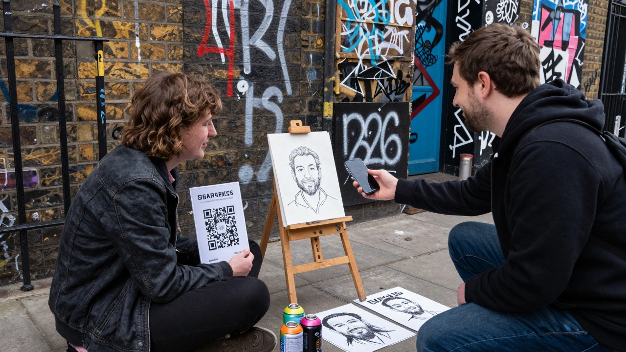 A street artist sketches a portrait for a tourist who pays via QR code in London.