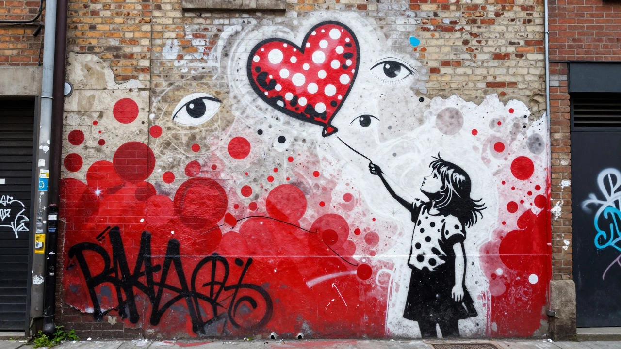 A street mural of a girl releasing a balloon that turns into polka dots and eyes, styled in graffiti and stencil art.