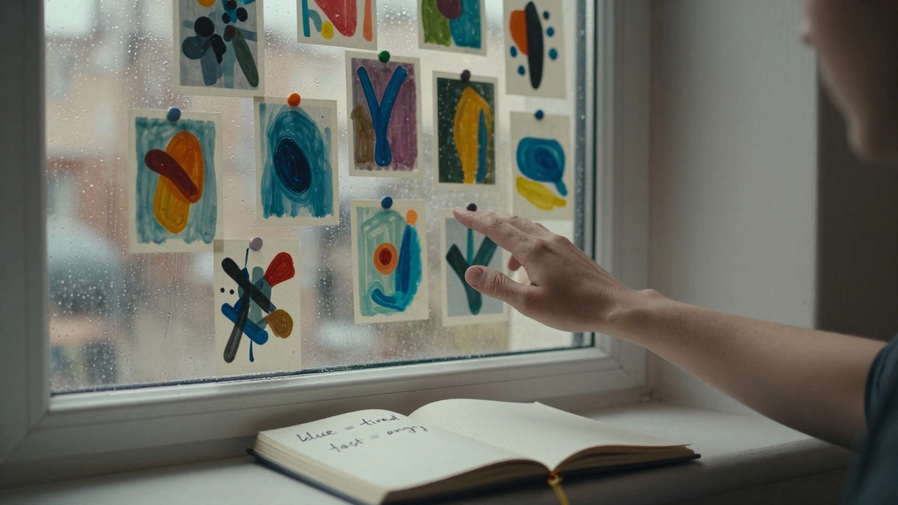 A wall covered in small abstract paintings next to an open journal with handwritten notes.