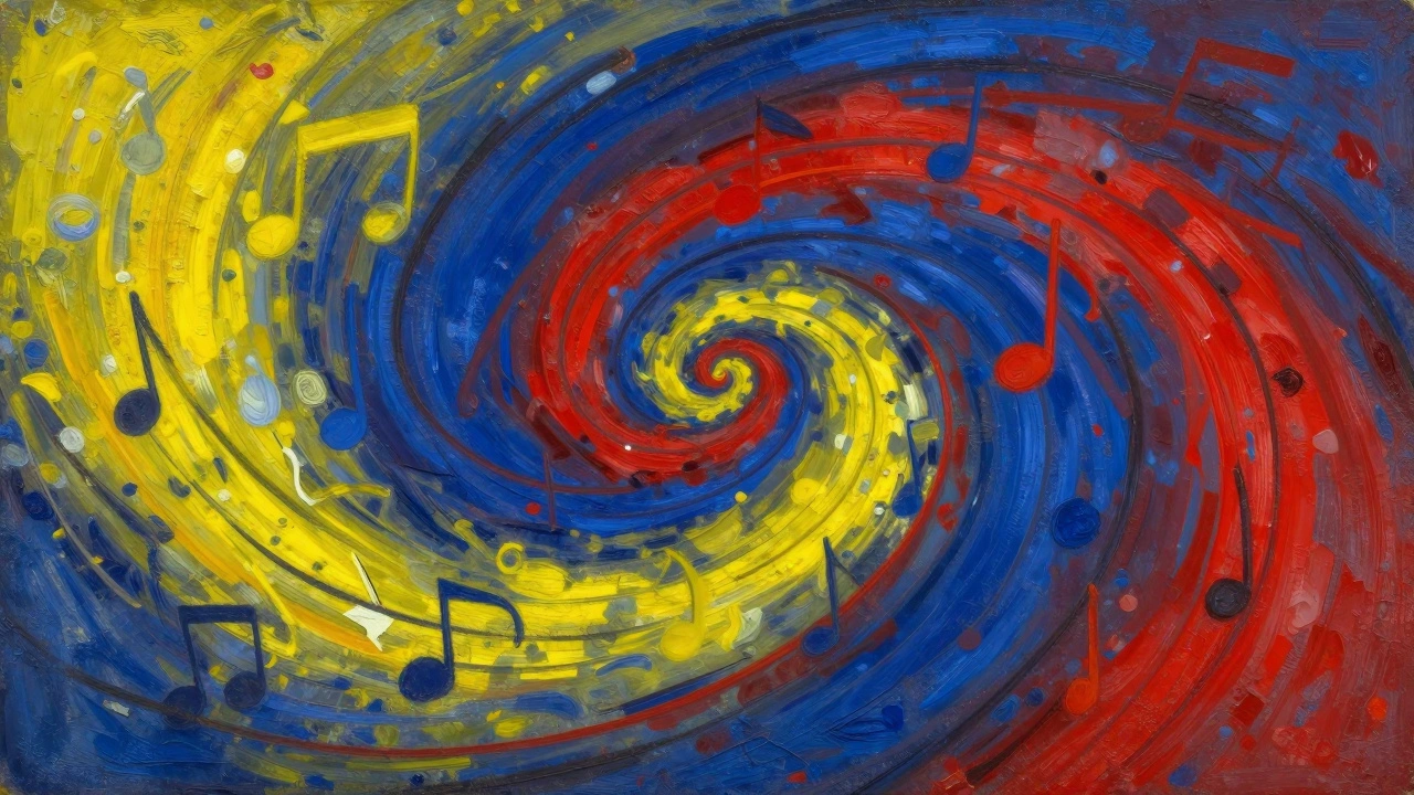 Abstract swirls of vivid color and dynamic brushstrokes evoking emotion without recognizable shapes.