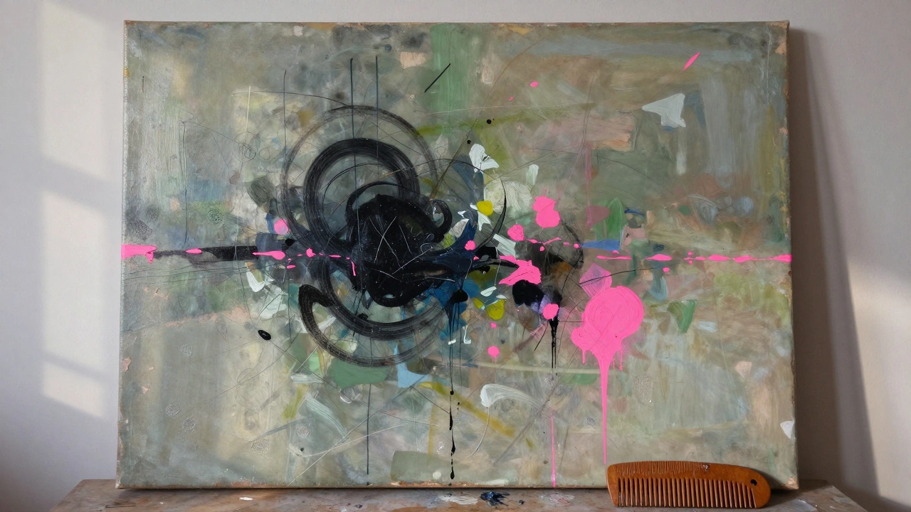An abstract artwork with layered colors and textures, showing fingerprints and drip marks.