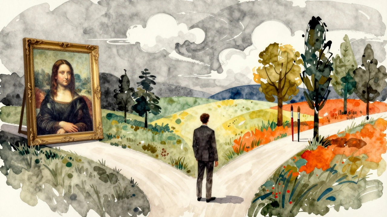 An artist at a crossroads, one side showing copied art, the other original creations emerging from their brush.