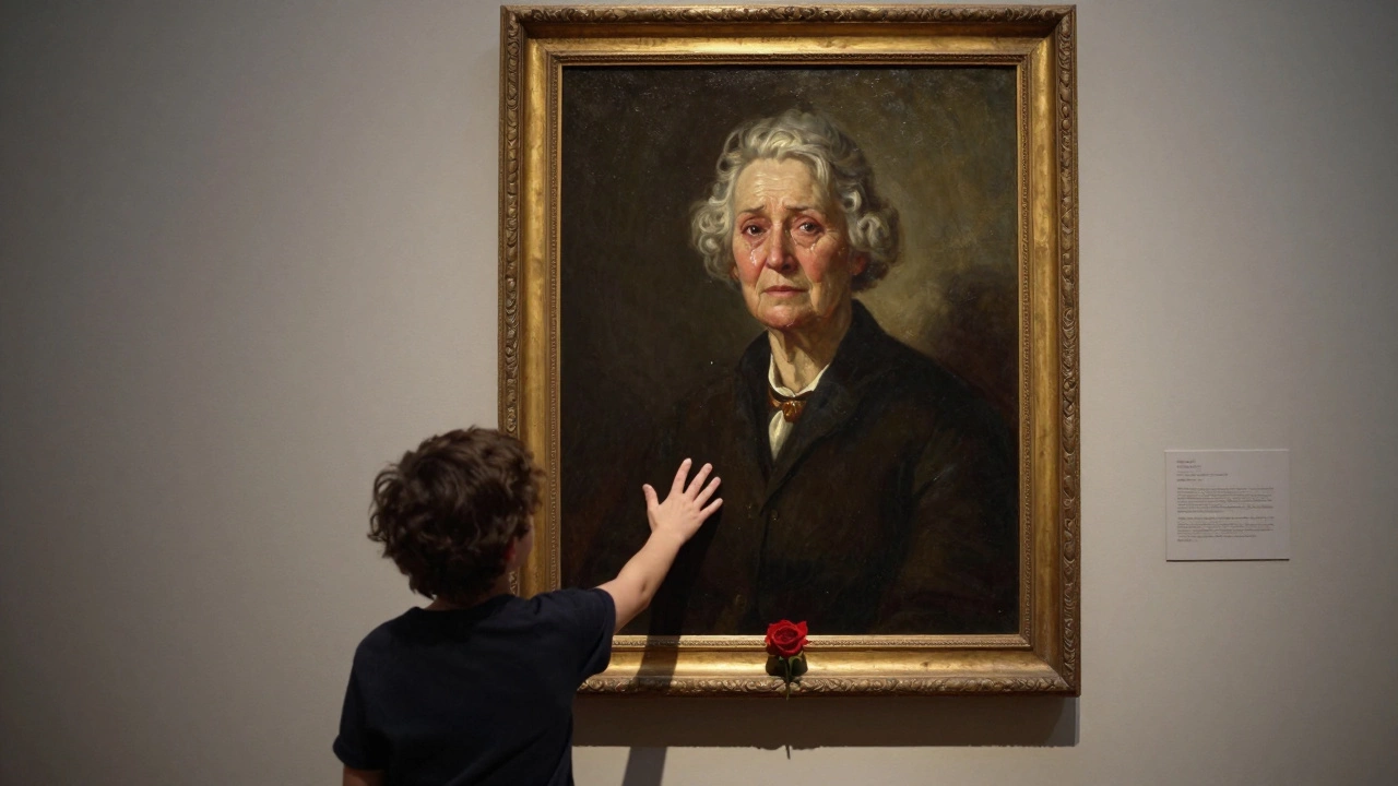 An elderly woman gazing at a full-length oil portrait of her late husband, with a child reaching toward it.