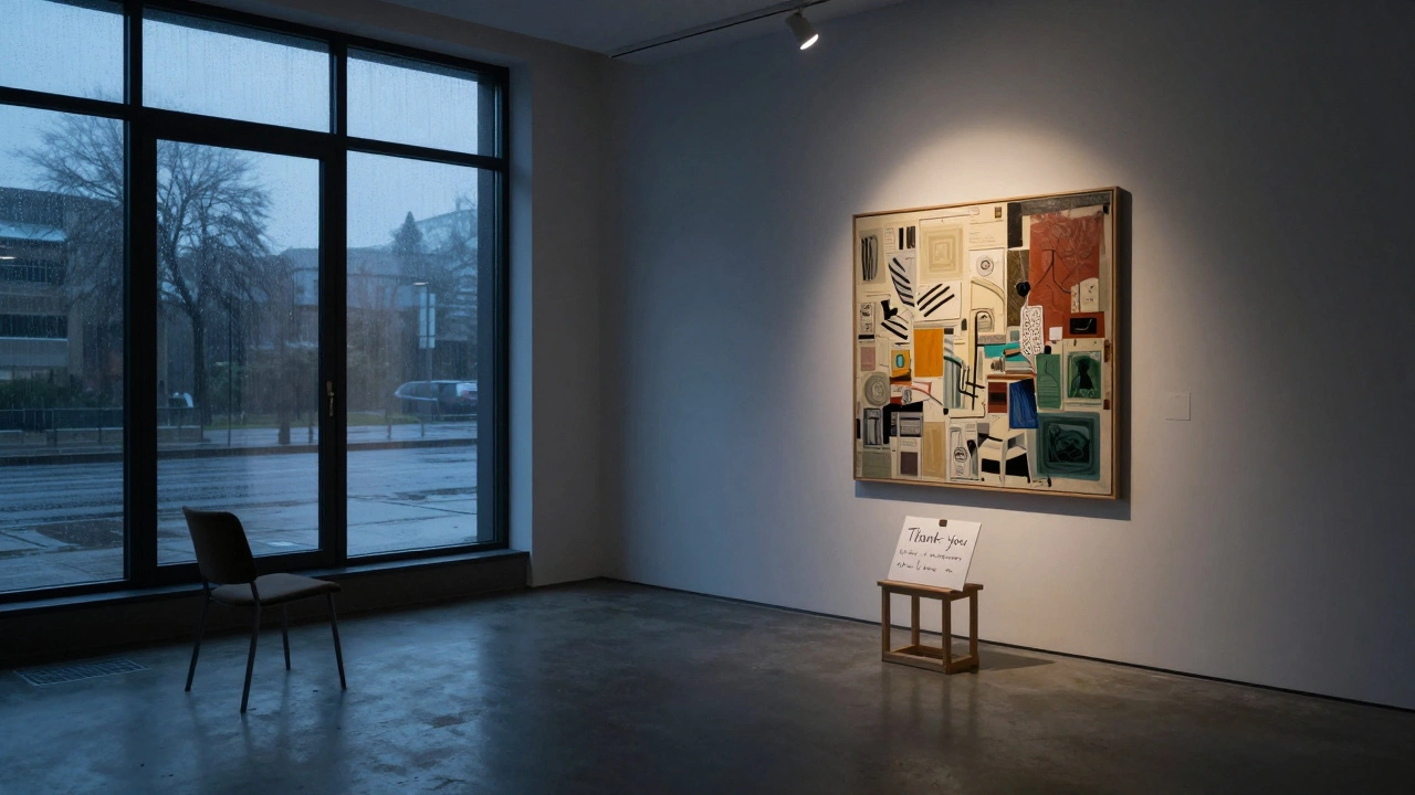 An empty gallery at dawn, lit by a single spotlight on an artwork, with a handwritten thank-you note on a wooden stand.