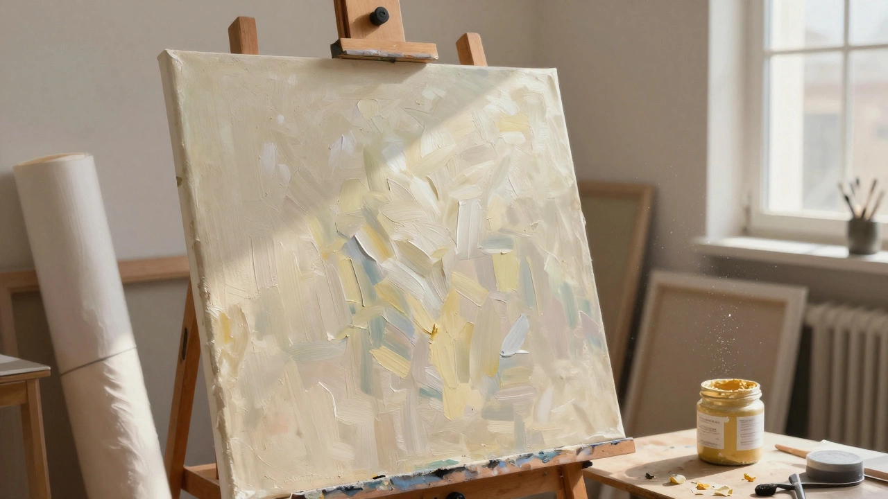 Artist working on a large linen canvas in a sunlit studio.