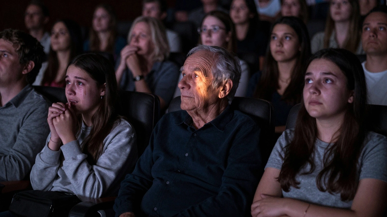 Diverse audience members deeply moved by a performance, their faces lit by the soft glow of the stage.