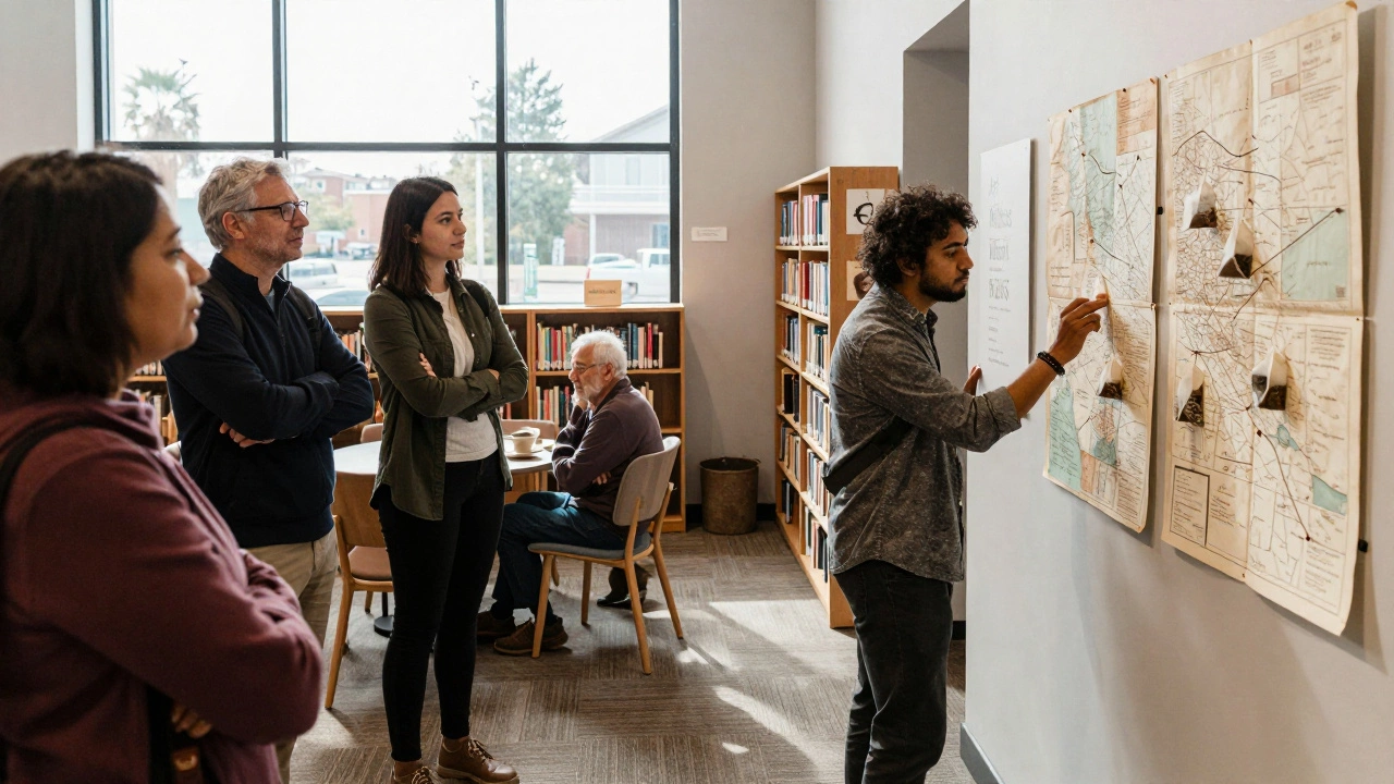 Diverse community members examine art made from recycled maps and tea bags in a sunny library lounge.