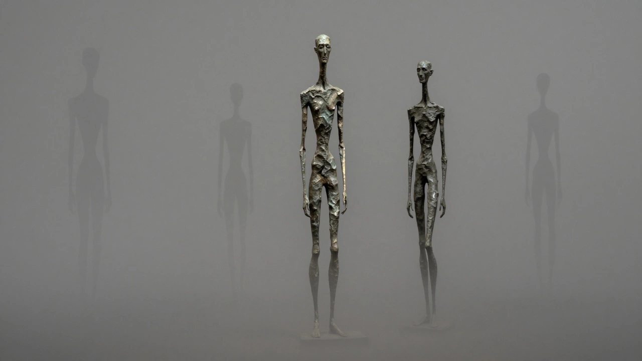 Giacometti's slender bronze figures emerge from mist, their fragile forms glowing against a silent void.