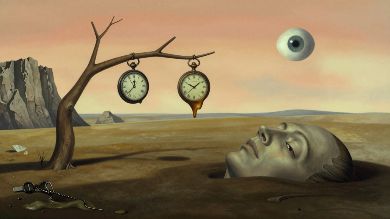 Melting clocks draped over a barren landscape under a pale sky, surreal and dreamlike.