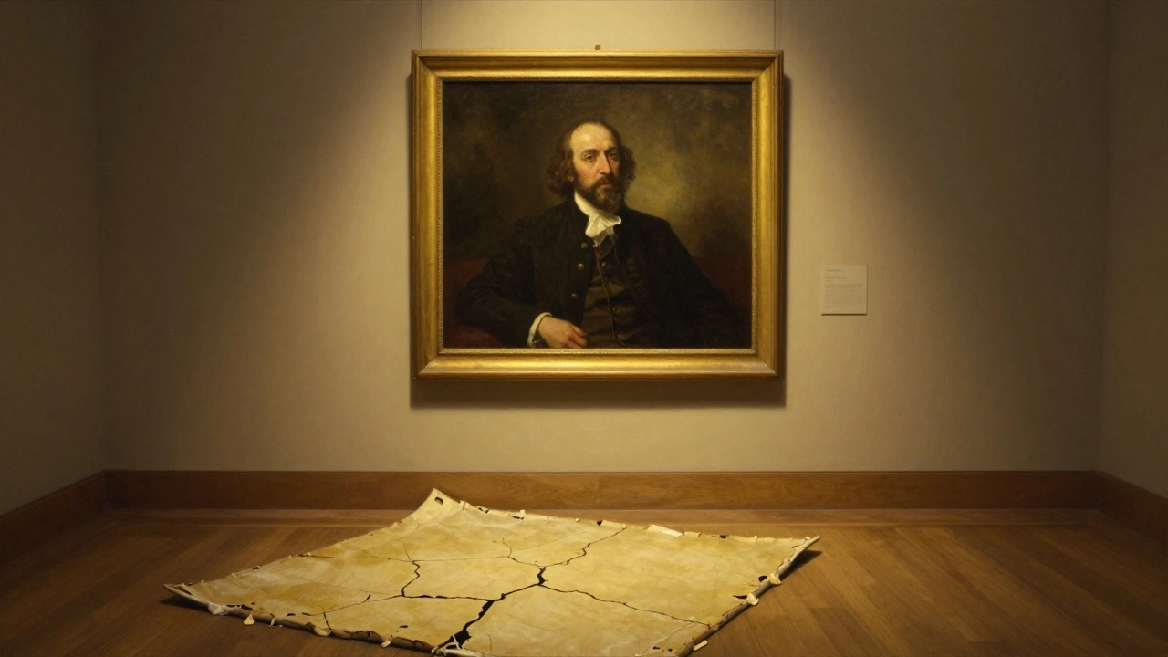 Museum-quality oil painting beside a ruined cheap canvas on the floor.