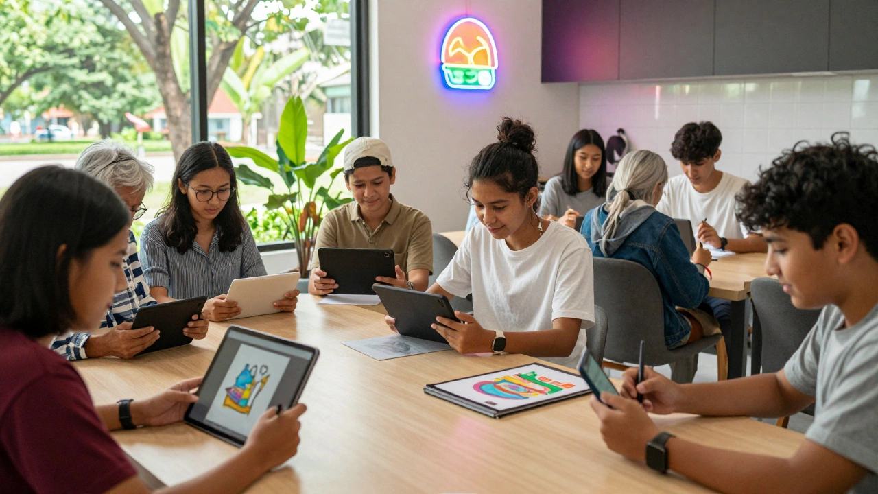 People from around the world creating digital art on tablets in everyday settings.